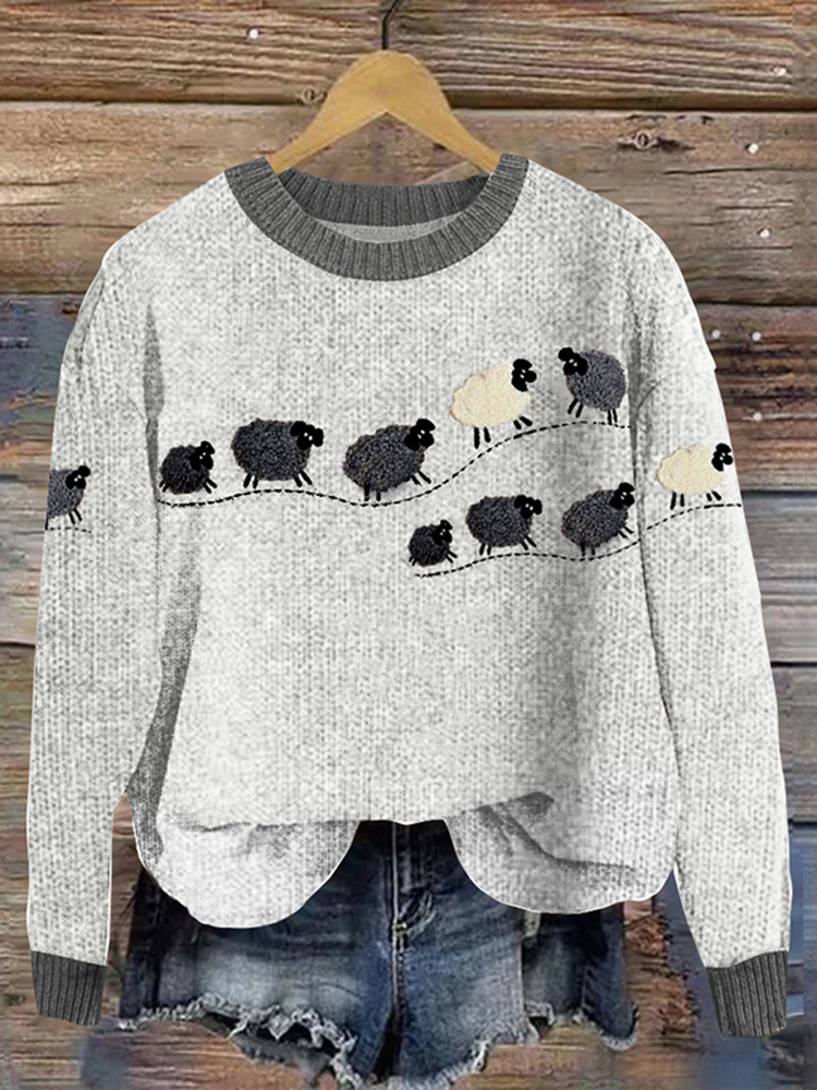 Cute Sheep Wool Felt Art Graphic Crew Neck Cozy Knit Sweater