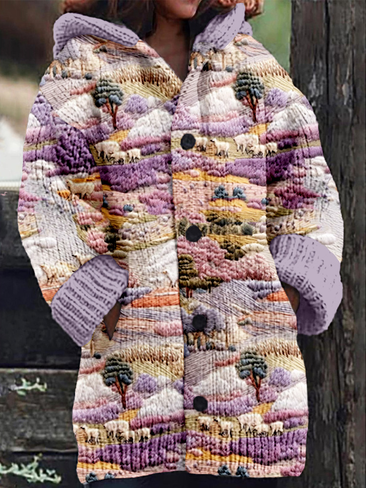 Sheep Meadow Embroidery Art Cozy Hooded Cardigan