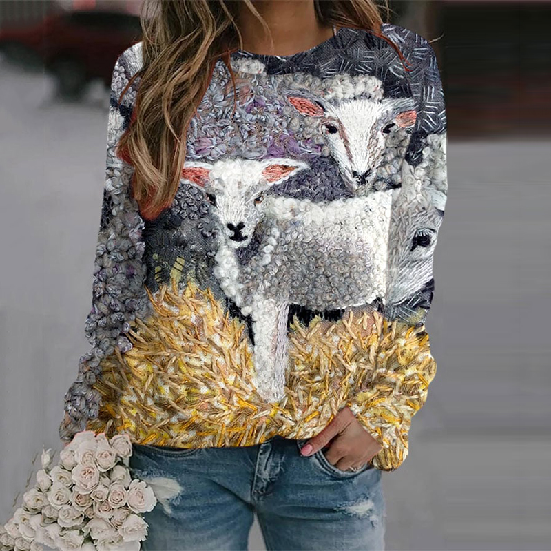 Sheep Print Round Neck Long Sleeve Casual Sweatshirt