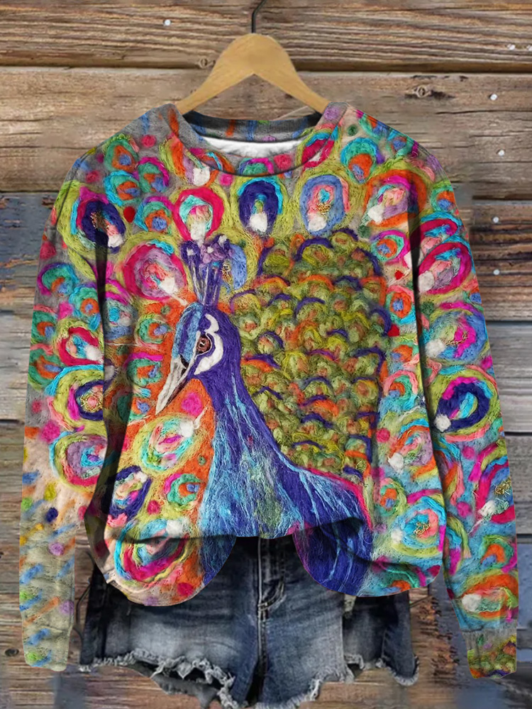 Colorful Peacock Wool Painting Art Comfy Sweatshirt