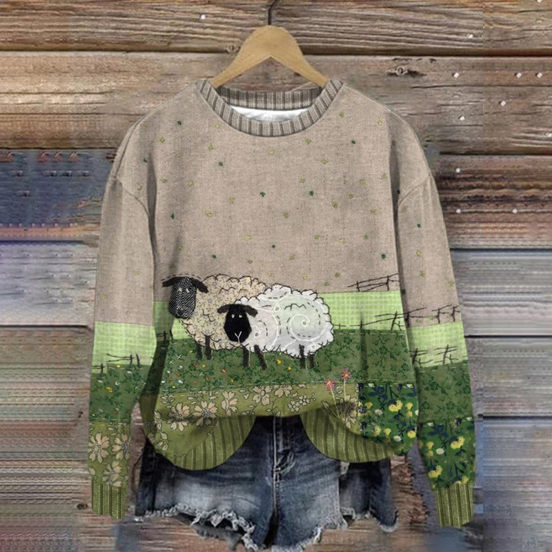 Women's Sheep Farm Art Embroidery Cozy Print Sweatshirt