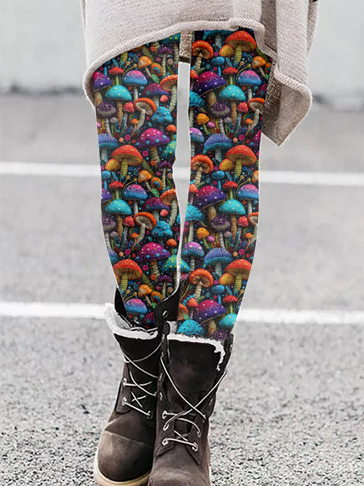 Rainbow Mushrooms Embroidery Art Casual Cozy Leggings