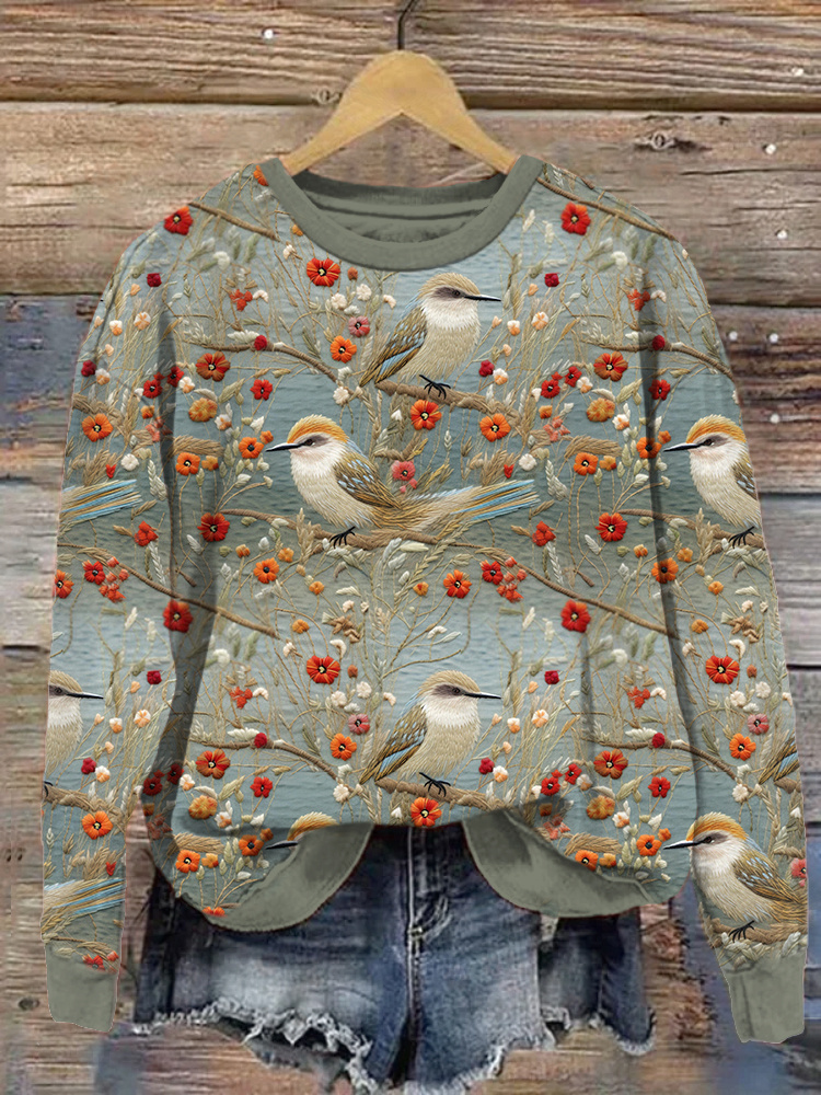 Birds & Flowers Embroidery Art Casual Cozy Sweatshirt