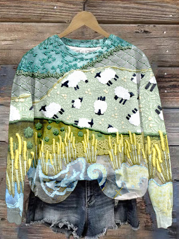 Sheep Art Print Crew Neck Long Sleeve Sweatshirt