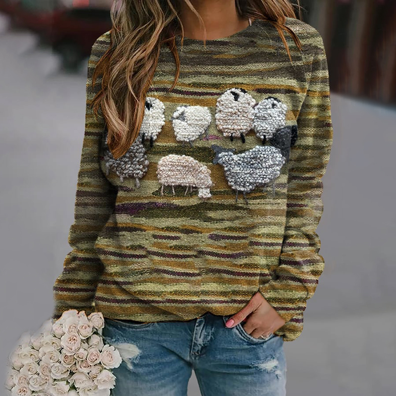 Sheep Print Crew Neck Long Sleeve Sweatshirt