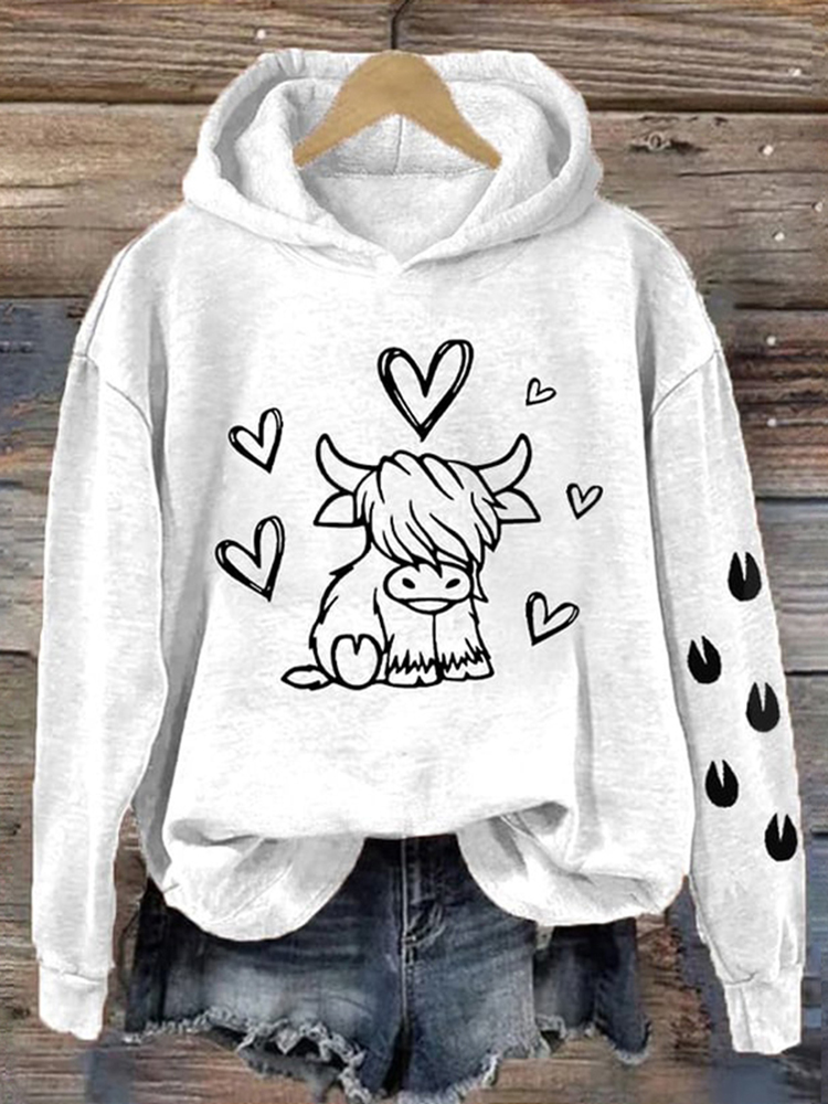 Women's Highland Cow In Love Print Vintage Hoodie