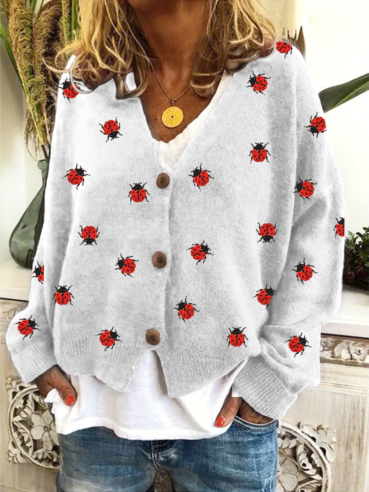 Ladybug Insect Embroidery Cozy Knit Cardigan