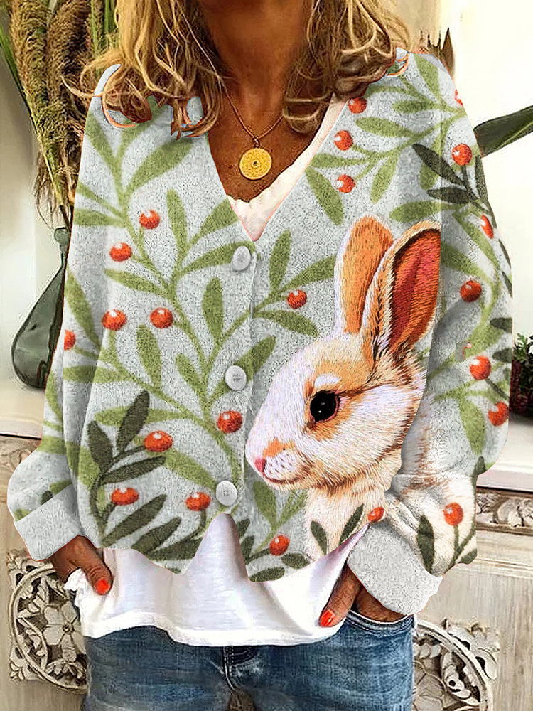 Cute Bunny Botanical Embroidery Art Cozy Knitted Cardigan