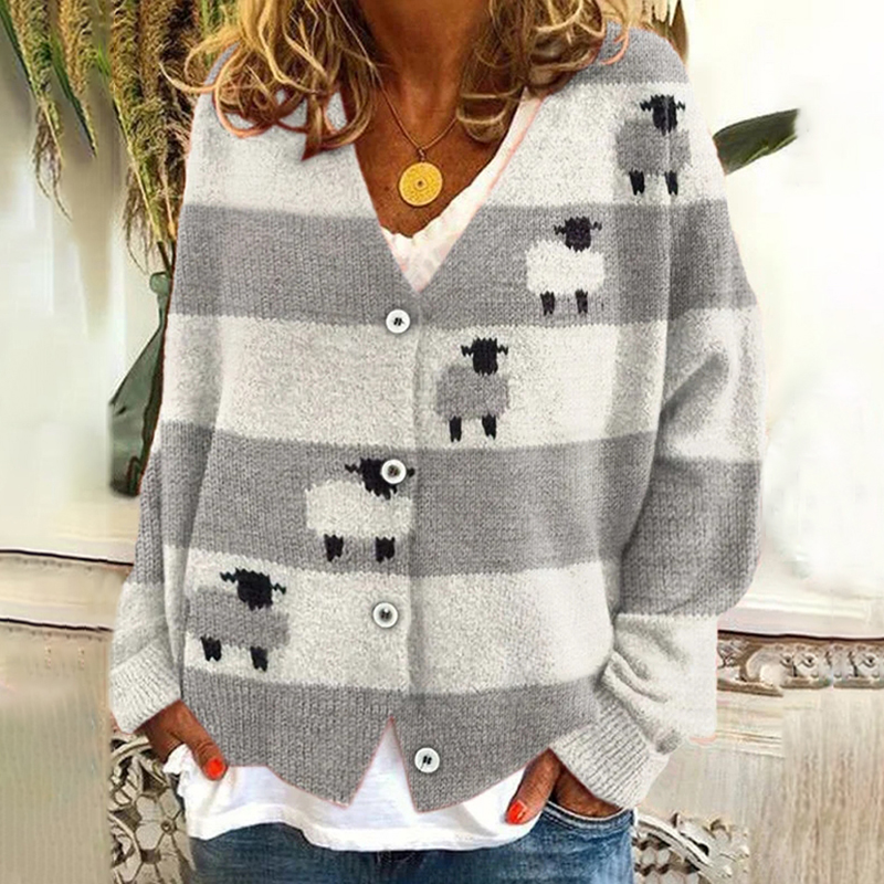 Women's Cute Plush Sheep Pattern Print Long Sleeve Cardigan