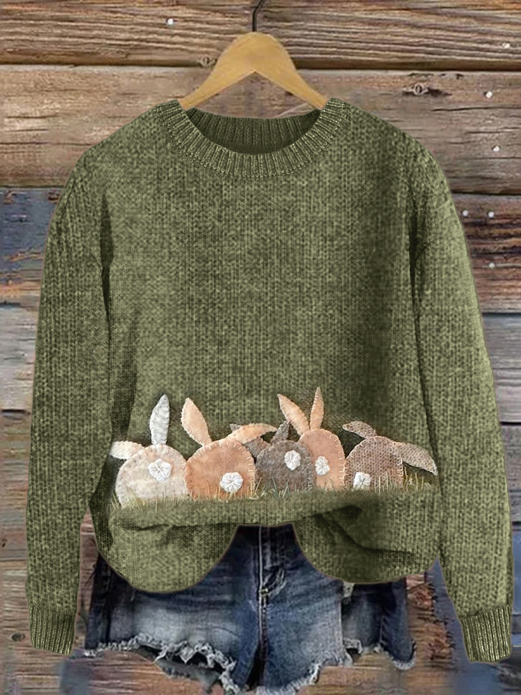 Bunnies Back View Felt Patchwork Cozy Knit Sweater