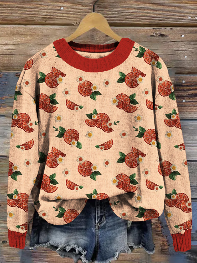 Embroidered Orange Pattern Crew Neck Cozy Knit Sweater