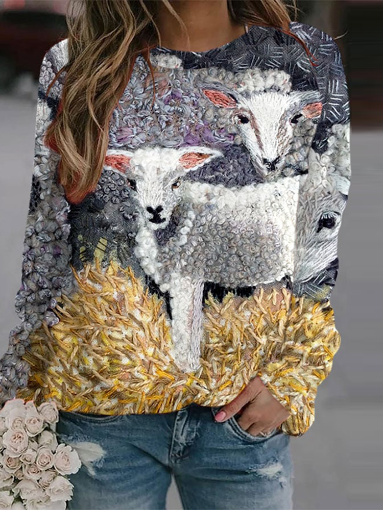 Sheep Print Round Neck Long Sleeve Casual Sweatshirt