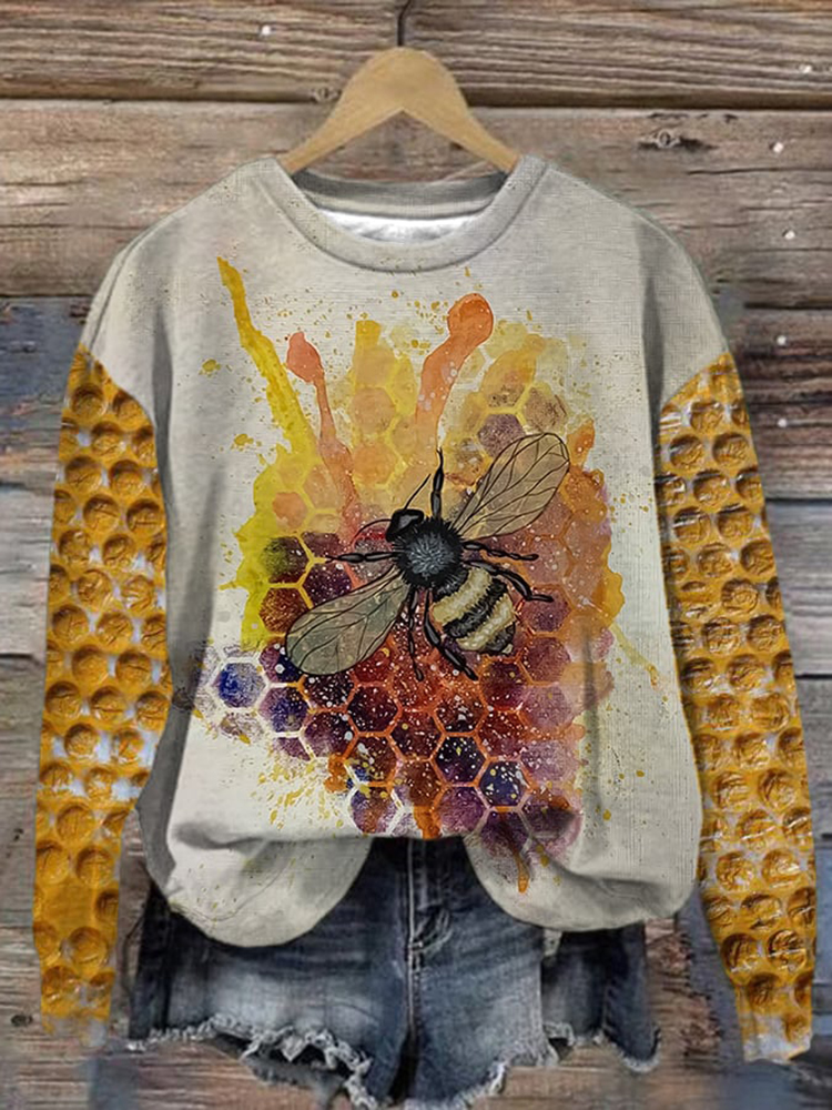 Bee Print Round Neck Long Sleeve Sweatshirt
