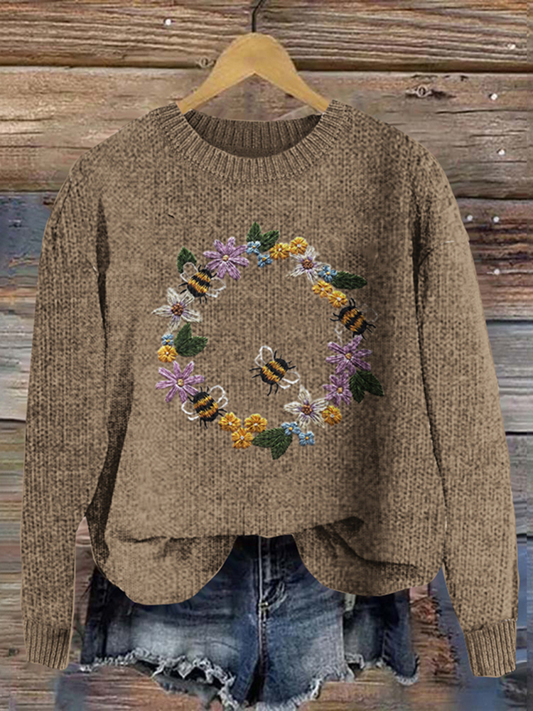 Flower Bee Wreath Embroidery Printed Cozy Knit Sweater