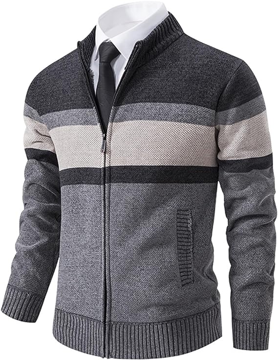 Men's Stand Collar Lined Fleece Knitted Cardigan