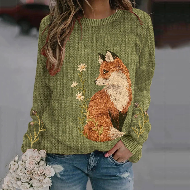 Women's Fox Print Round Neck Casual Sweatshirt