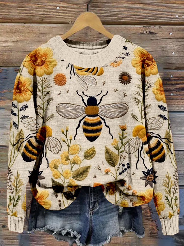 Floral Bees Embroidery Art Cozy Knit Sweater