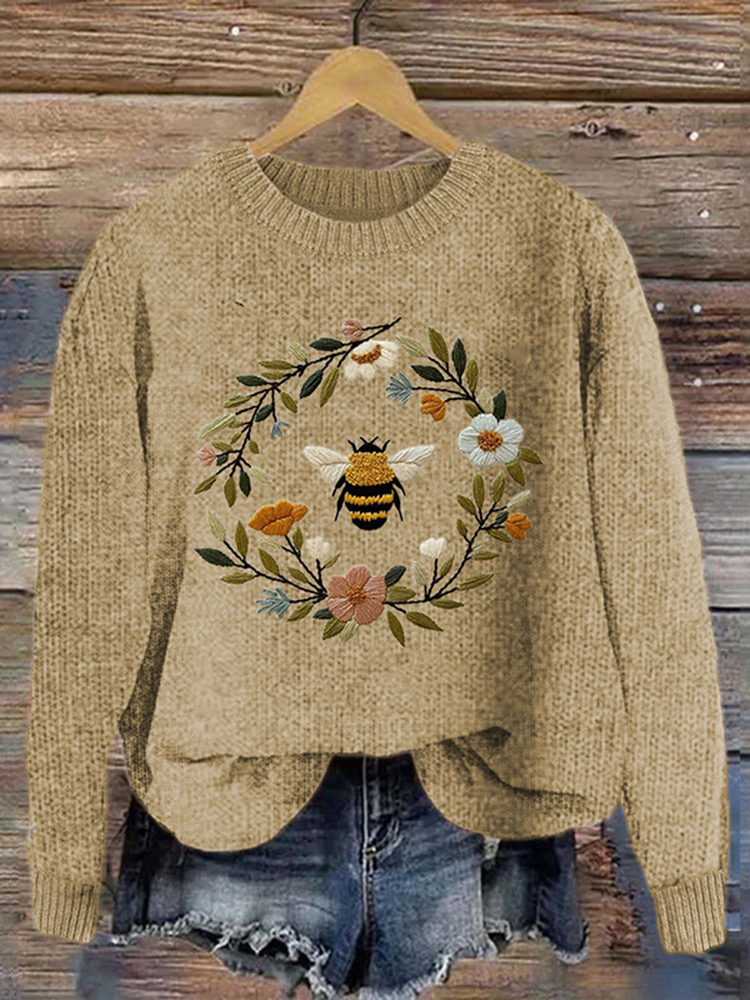 Vintage Bee And Floral Embroidery Art Cozy Knit Sweater