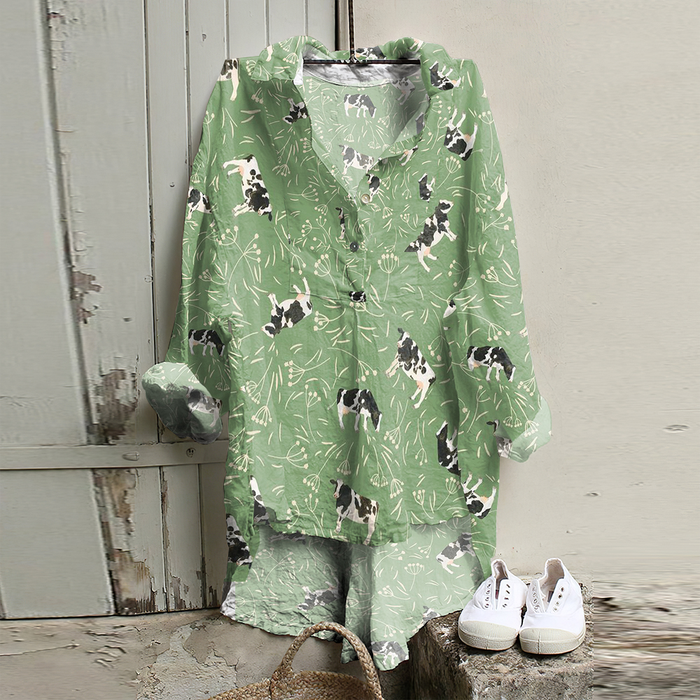 Casual Farm Cow Meadow Printed Short Front And Long Back Shirt