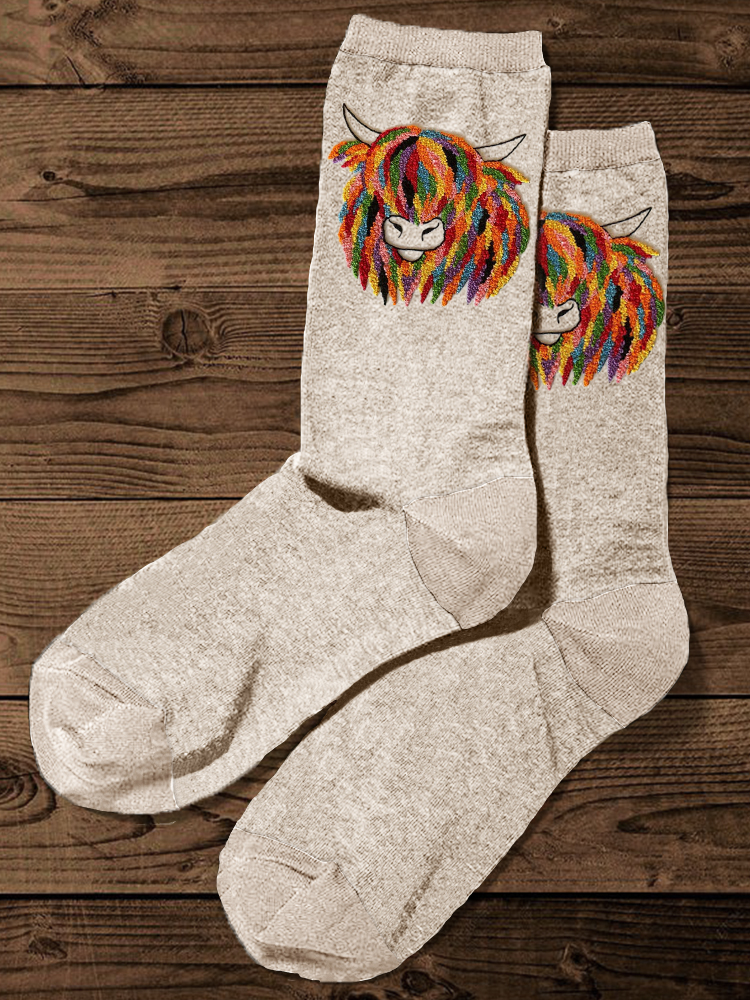 Colorful Highland Cow Embroidery Comfy Socks