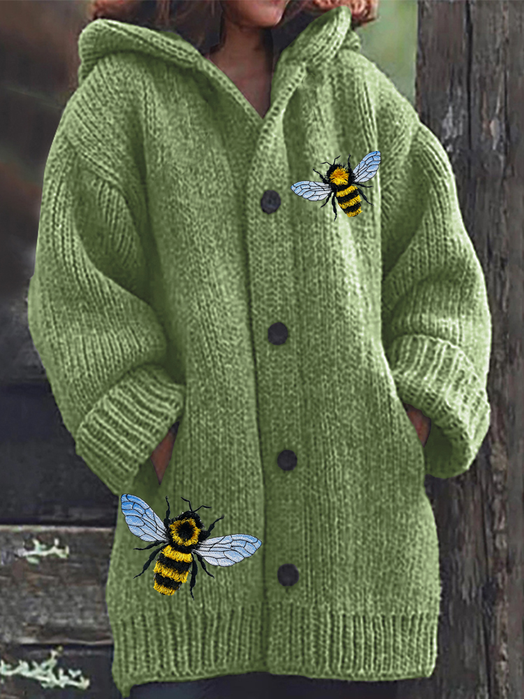 Fringed Bee Cute Honeybee Insect Embroidery Comfy Hooded Cardigan