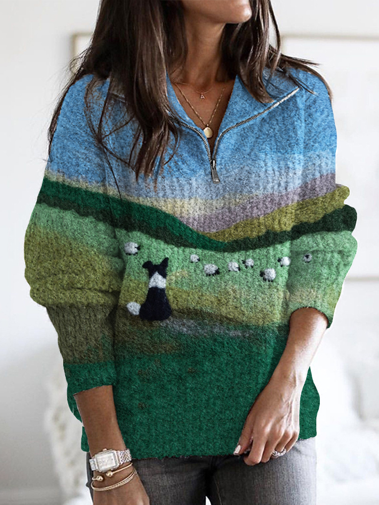 Border Collie & Sheep Landscape Felt Art Zip Up Sweater