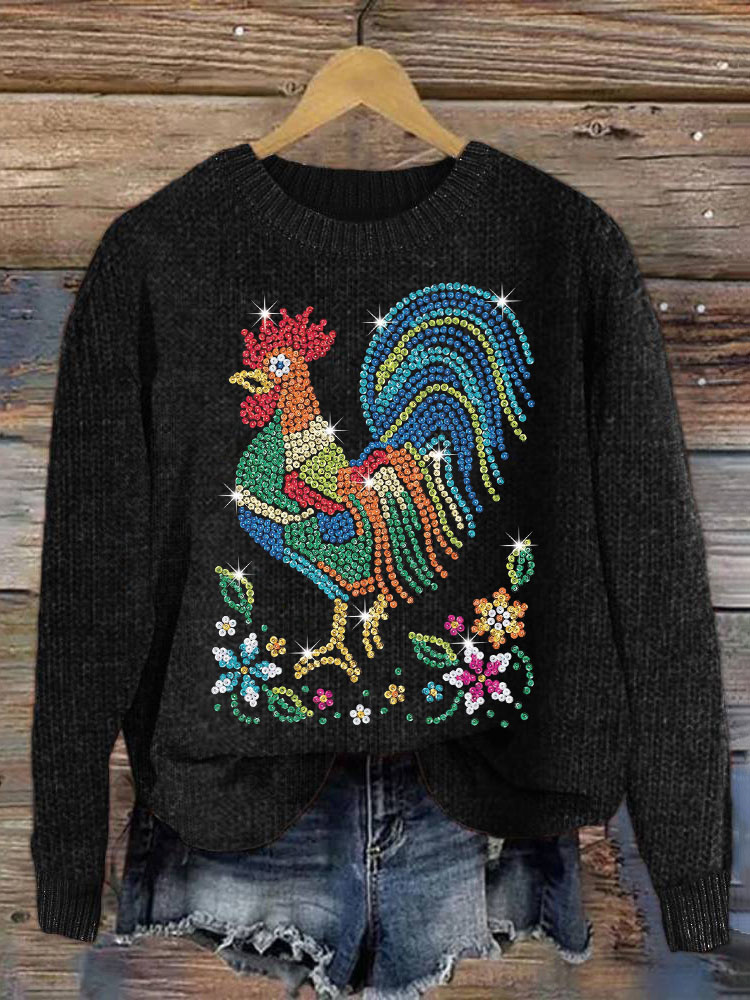 Rooster & Floral Sequin Cozy Knit Sweater