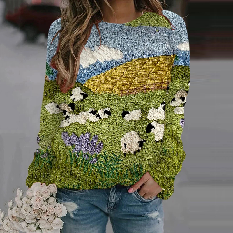 Women's Cute Sheep Print Crew Neck Sweatshirt