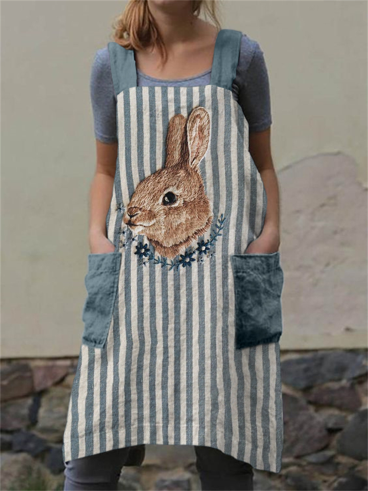 Cute Easter Bunny Embroidery Art Cross Back Apron