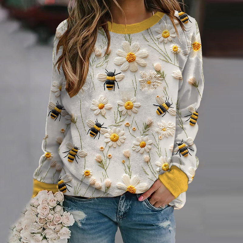 Daisy Bee Embroidery Art Print Crew Neck Casual Sweatshirt