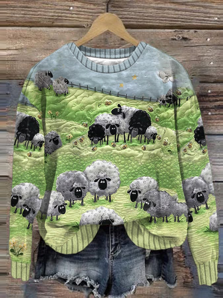 Sheep Print Crew Neck Long Sleeve Sweatshirt