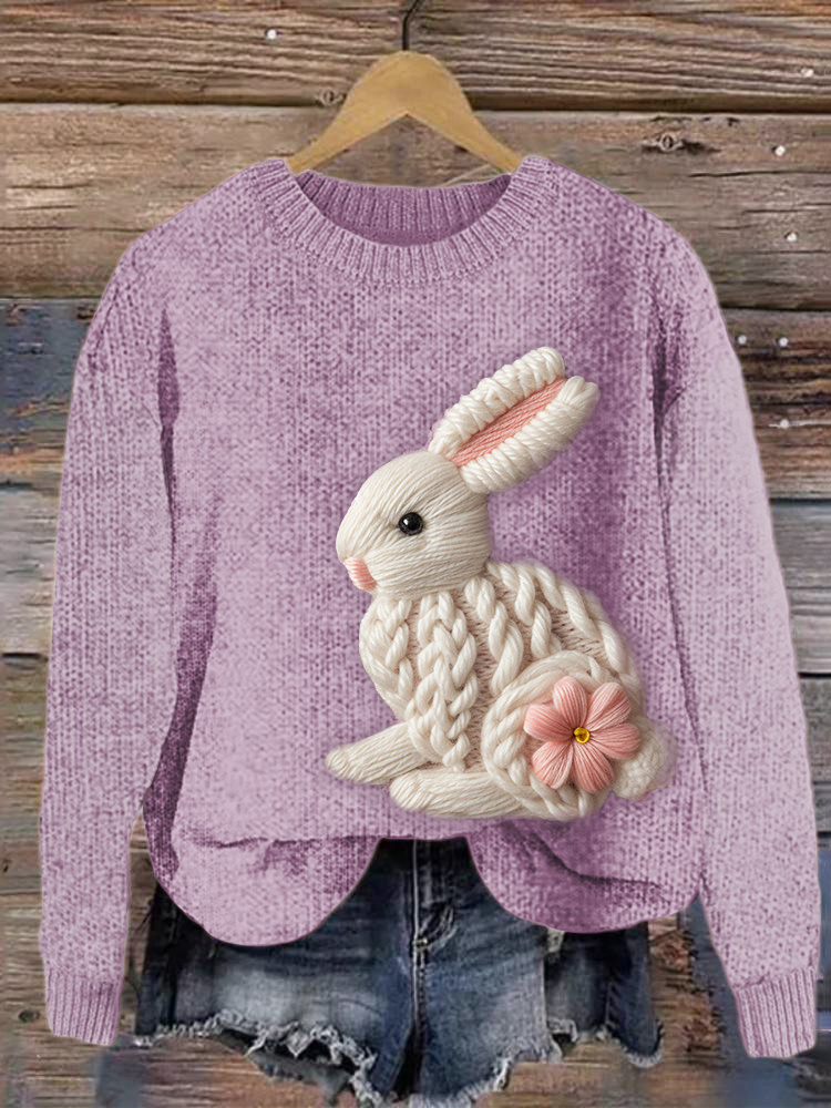 Cute Bunny Embroidery Art Cozy Knit Sweater