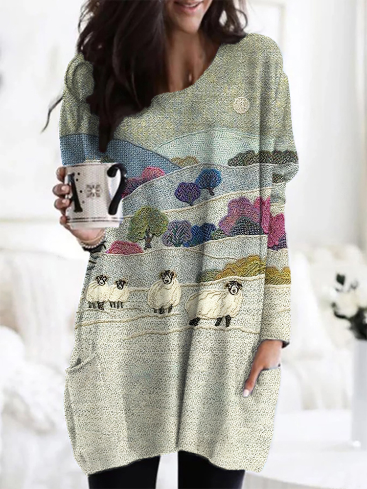 Field & Sheep Pattern Long Sleeve Loose T-Shirt