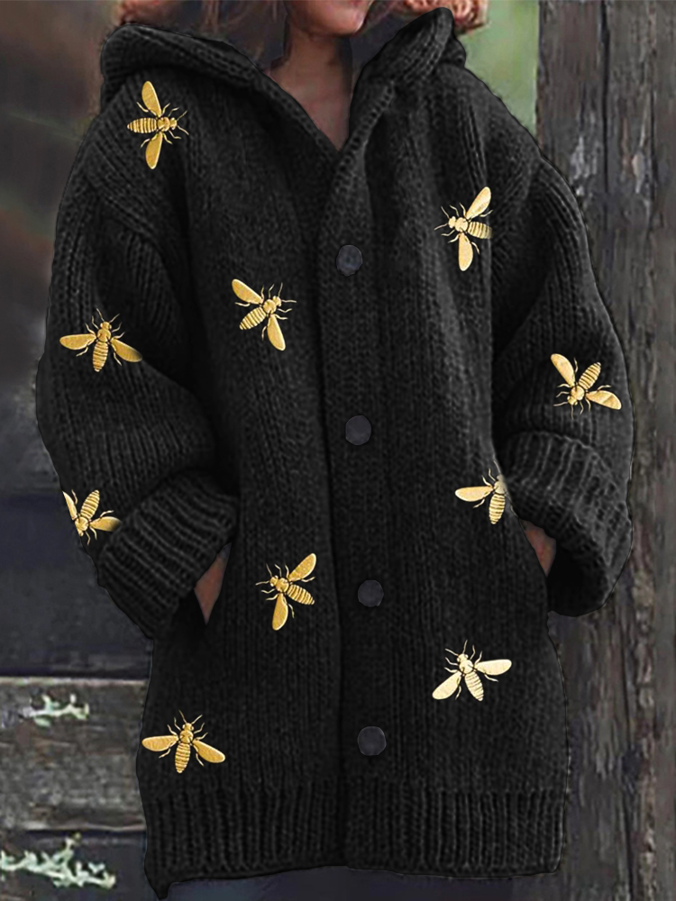 Golden Bees Pattern Cozy Hooded Cardigan