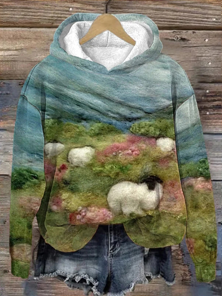 Women's Sheep in the Meadow Printed Casual Hoodie