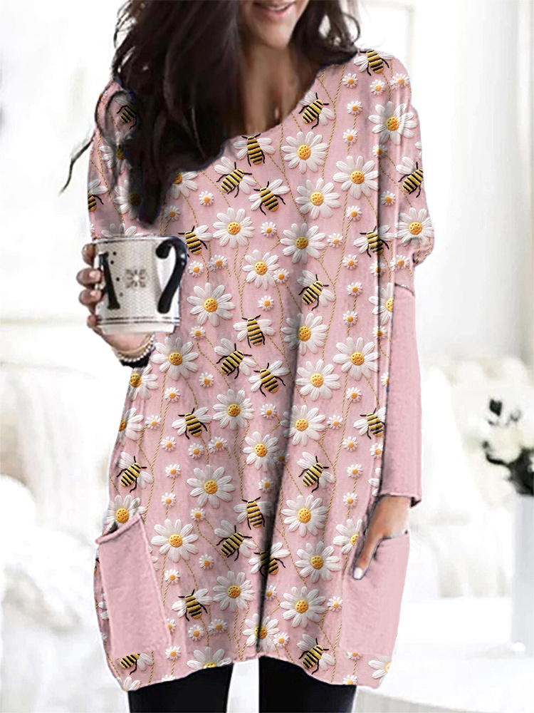 Bee & Daisy Embroidery Art Casual Cozy Long T-Shirt