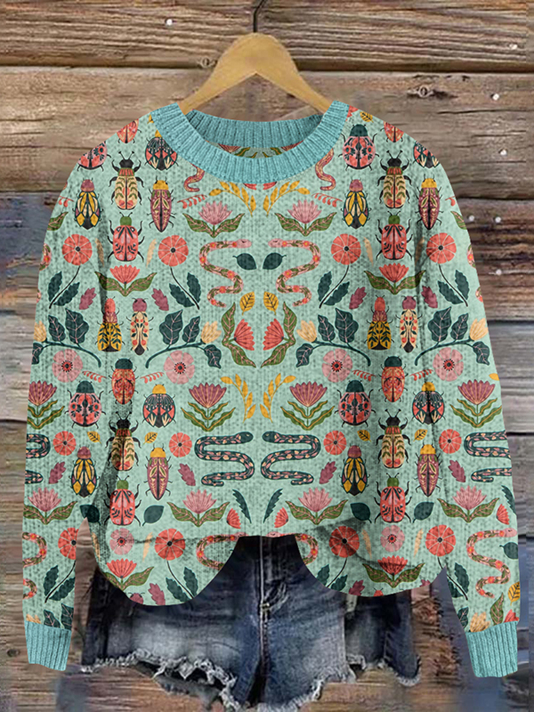 Insect Illustrated Pattern Cozy Knit Sweater