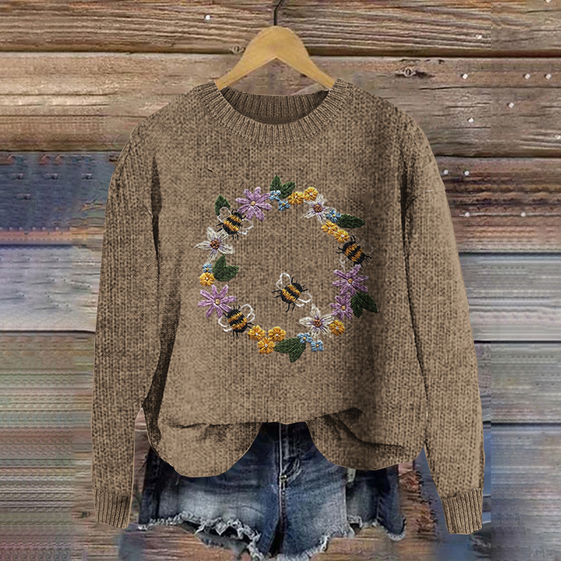 Flower Bee Wreath Embroidery Printed Cozy Knit Sweater