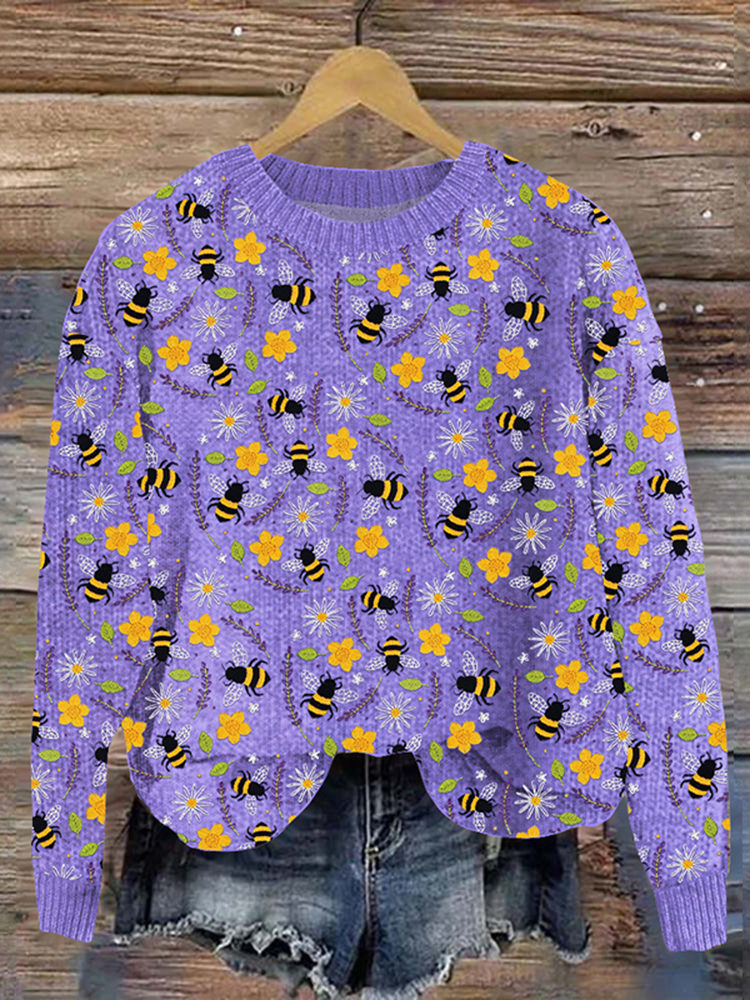 Bee Floral Embroidery Pattern Cozy Knit Sweater