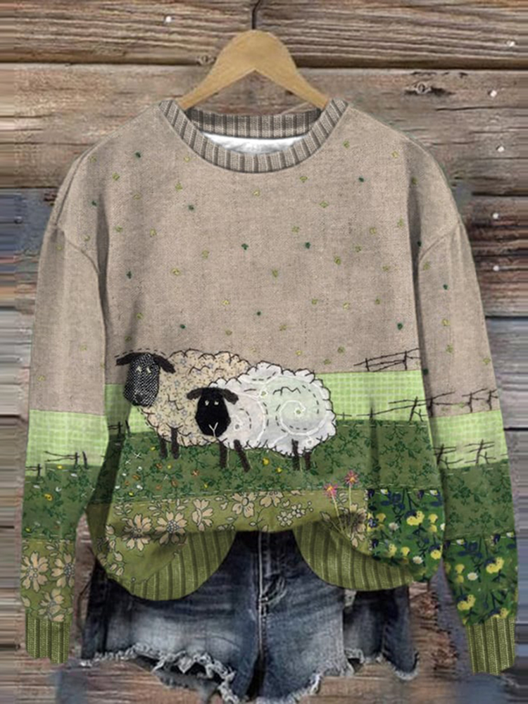 Sheep Print Crew Neck Long Sleeve Casual Sweatshirt