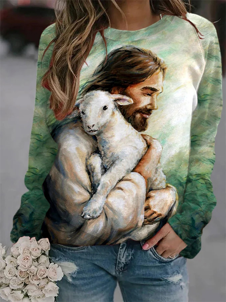 Women's Jesus Leaves The 99, Parable of The Lost Sheep Printed Sweatshirt
