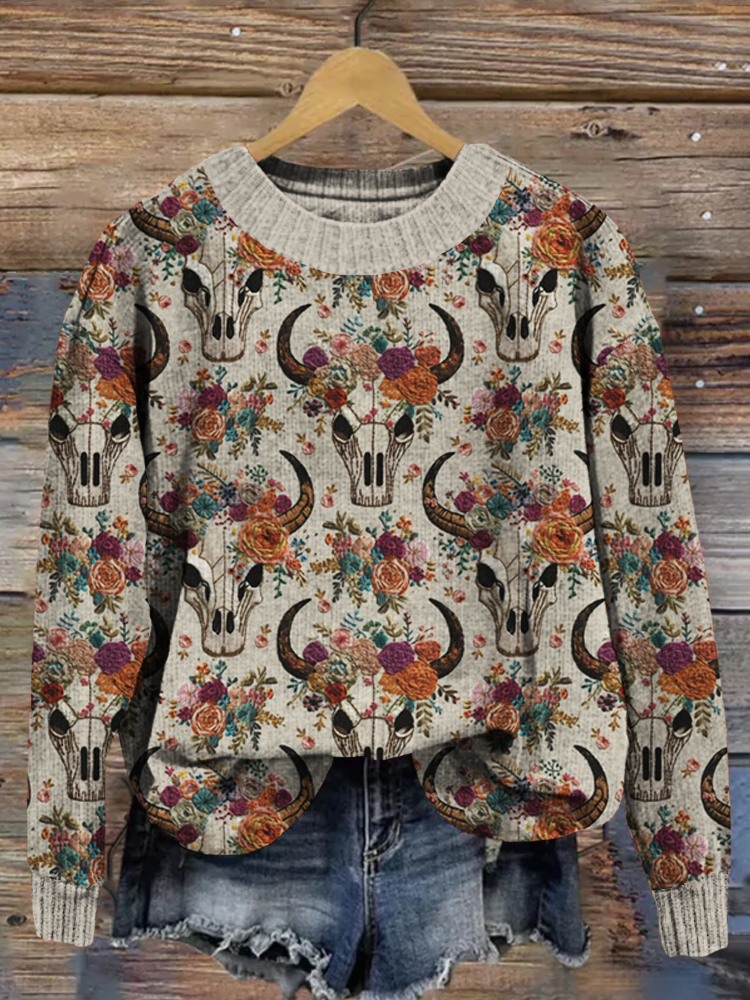 Western Floral Skull Embroidery Art Vintage Cozy Sweater