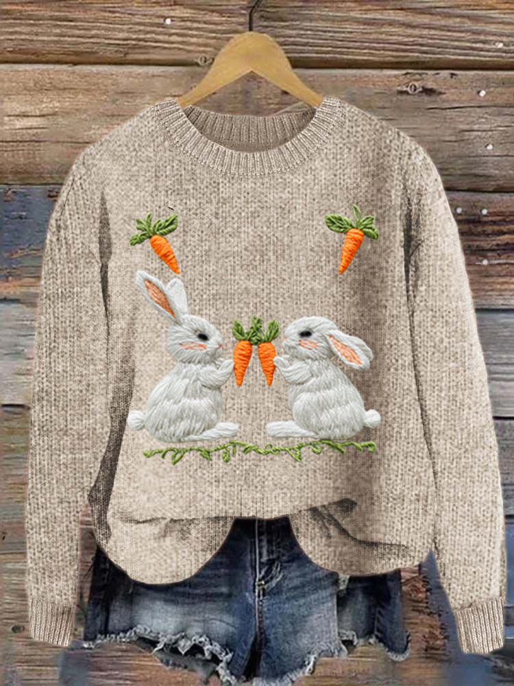 Women's Cute Bunny And Radish Print Round Neck Sweater