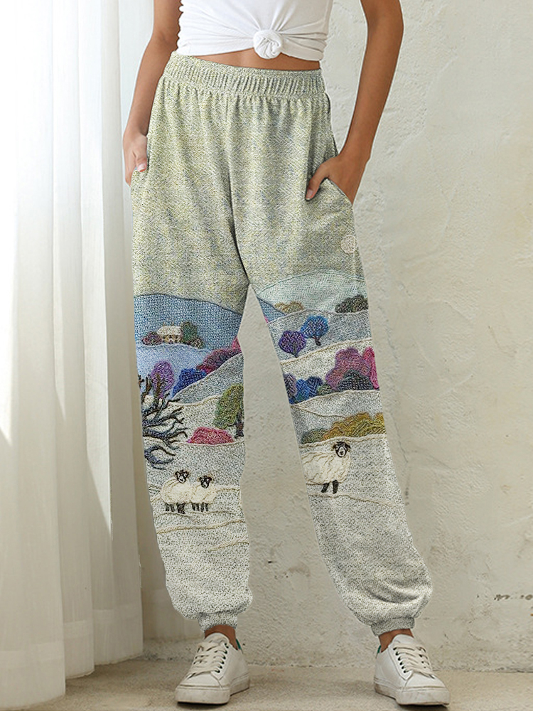 Field & Sheep Pattern Casual Comfort Sweatpants