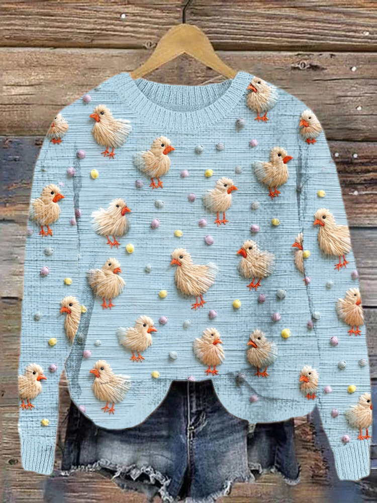 Cute Chicken Embroidery Art Casual Cozy Knit Sweater