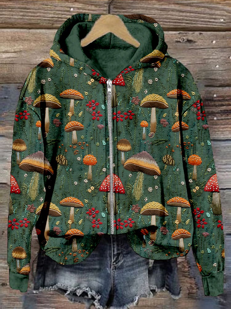 Cute Mushroom Embroidery Zip Up Comfy Hoodie