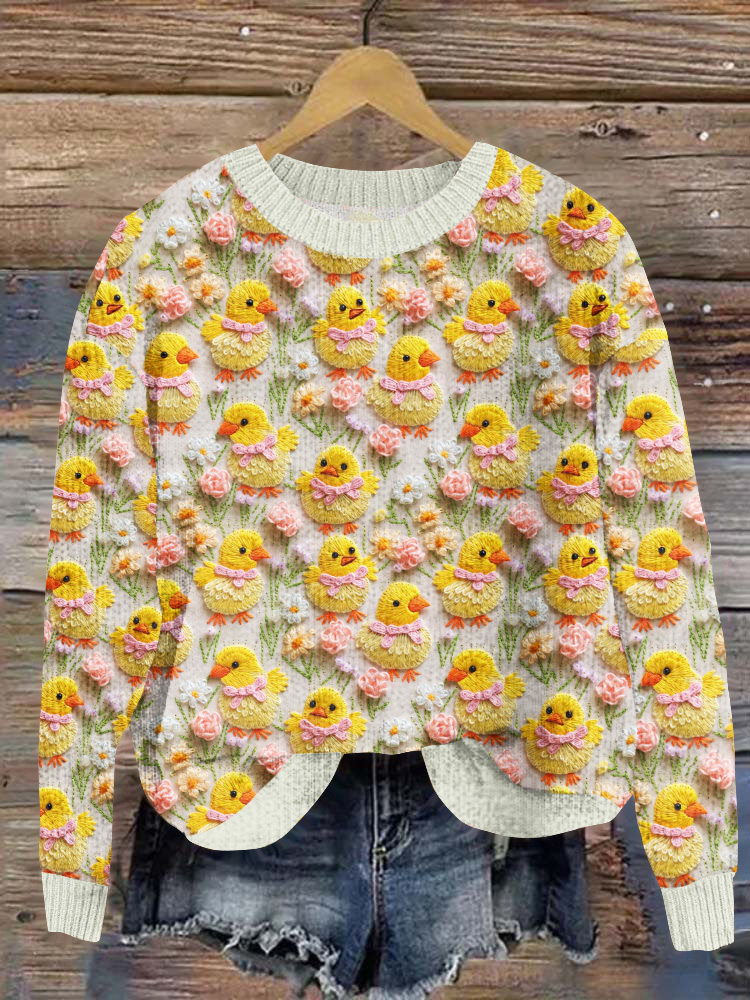 Cute Little Yellow Duck Print Knitted Pullover Sweater