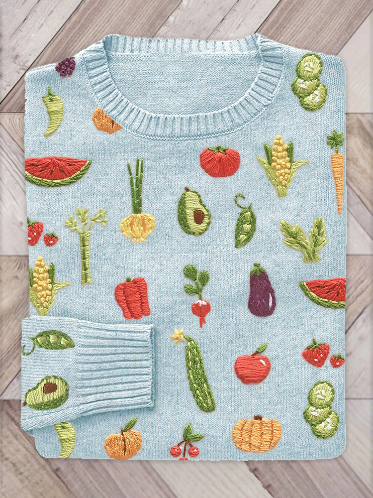 Vegetables & Fruits Embroidery Art Cozy Knit Sweater