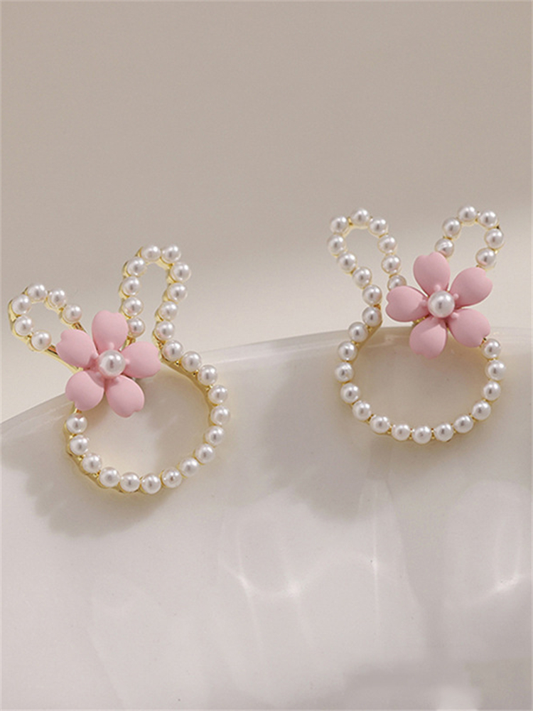 Bunny with Flower Pearls Studded Earrings