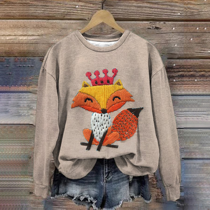 Fox Print Crew Neck Casual Sweatshirt